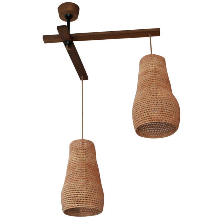 Two Arm Walnut and Palm Leaf Lamp For Sale