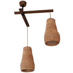 Two Arm Walnut and Palm Leaf Lamp