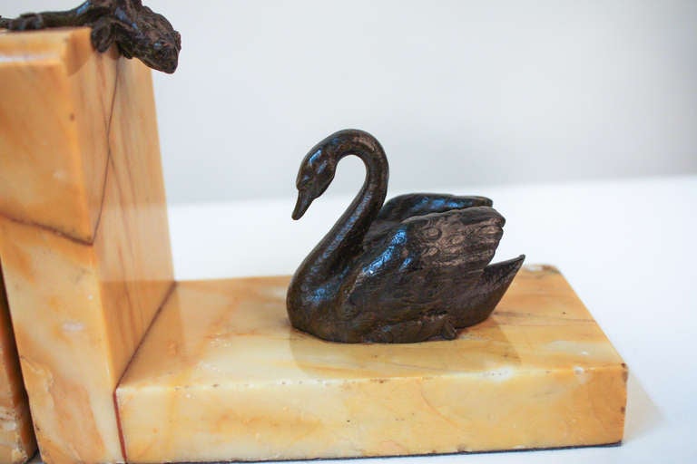 Mid-20th Century French Marble Swan Bookends