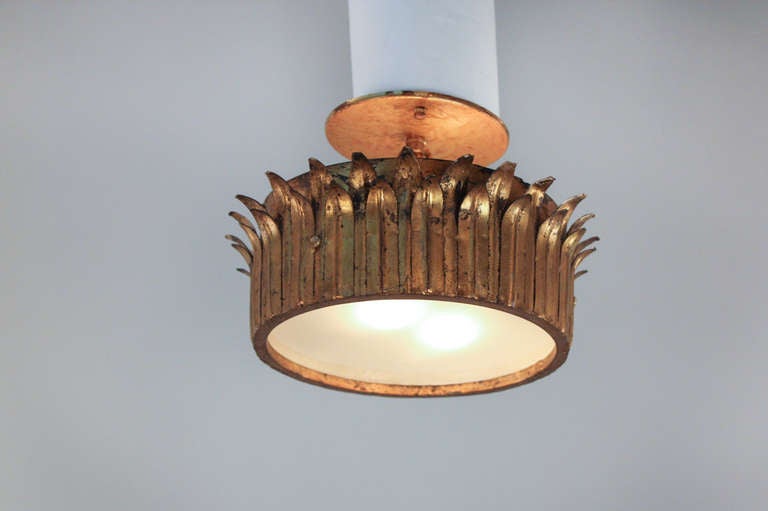 Art Deco Gold Leaf Flush Mount Light In Good Condition In Fairfax, VA
