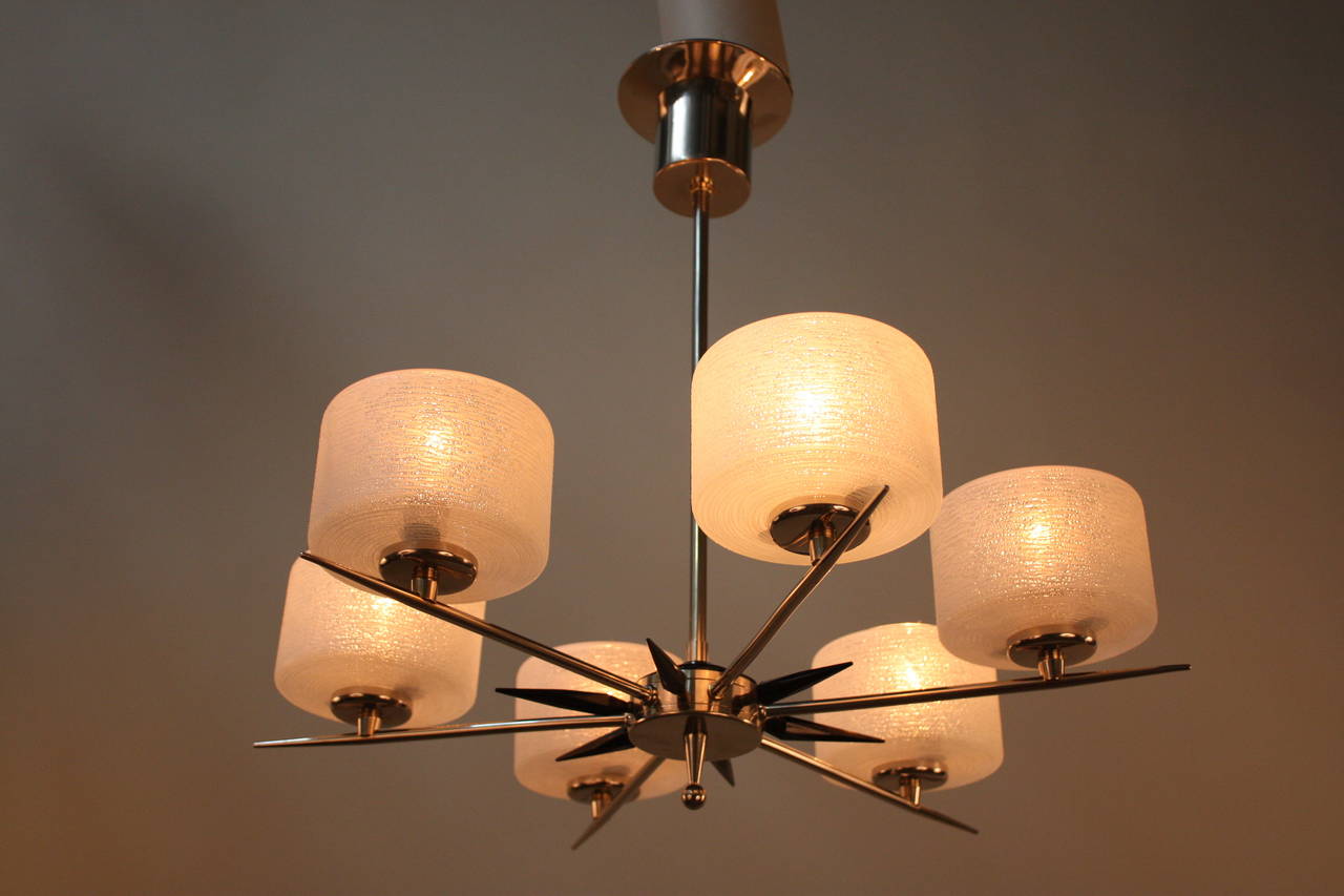 Beautiful six-light modern French chandelier with texture glass.