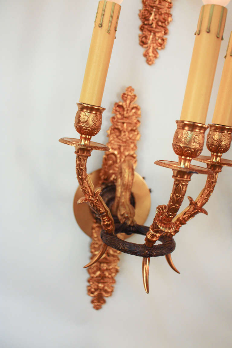 French Pair of 19th c. Gilt Bronze Empire Wall Sconces