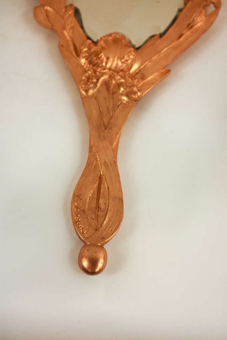 French Art Nouveau Gilt Bronze Hand Mirror For Sale