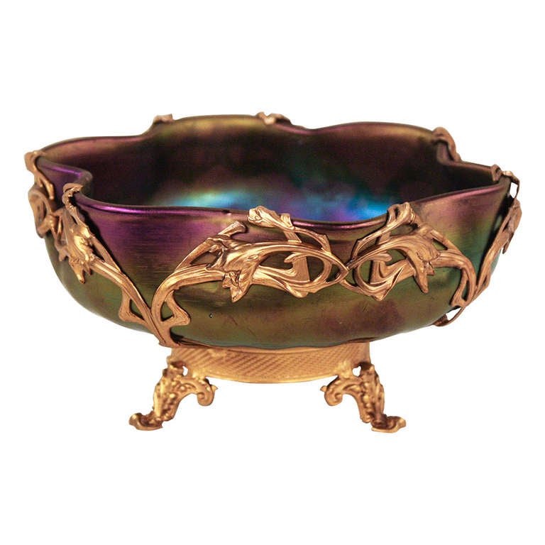 Art Nouveau Gilt Bronze and Art Glass Bowl at 1stdibs
