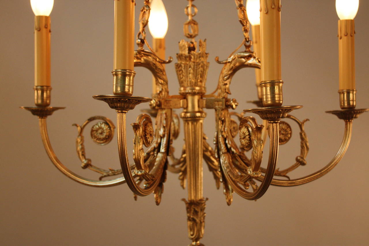 Fantastic six lights bronze Empire style French chandelier.

High quality details of eagle's head and arrows in the center.