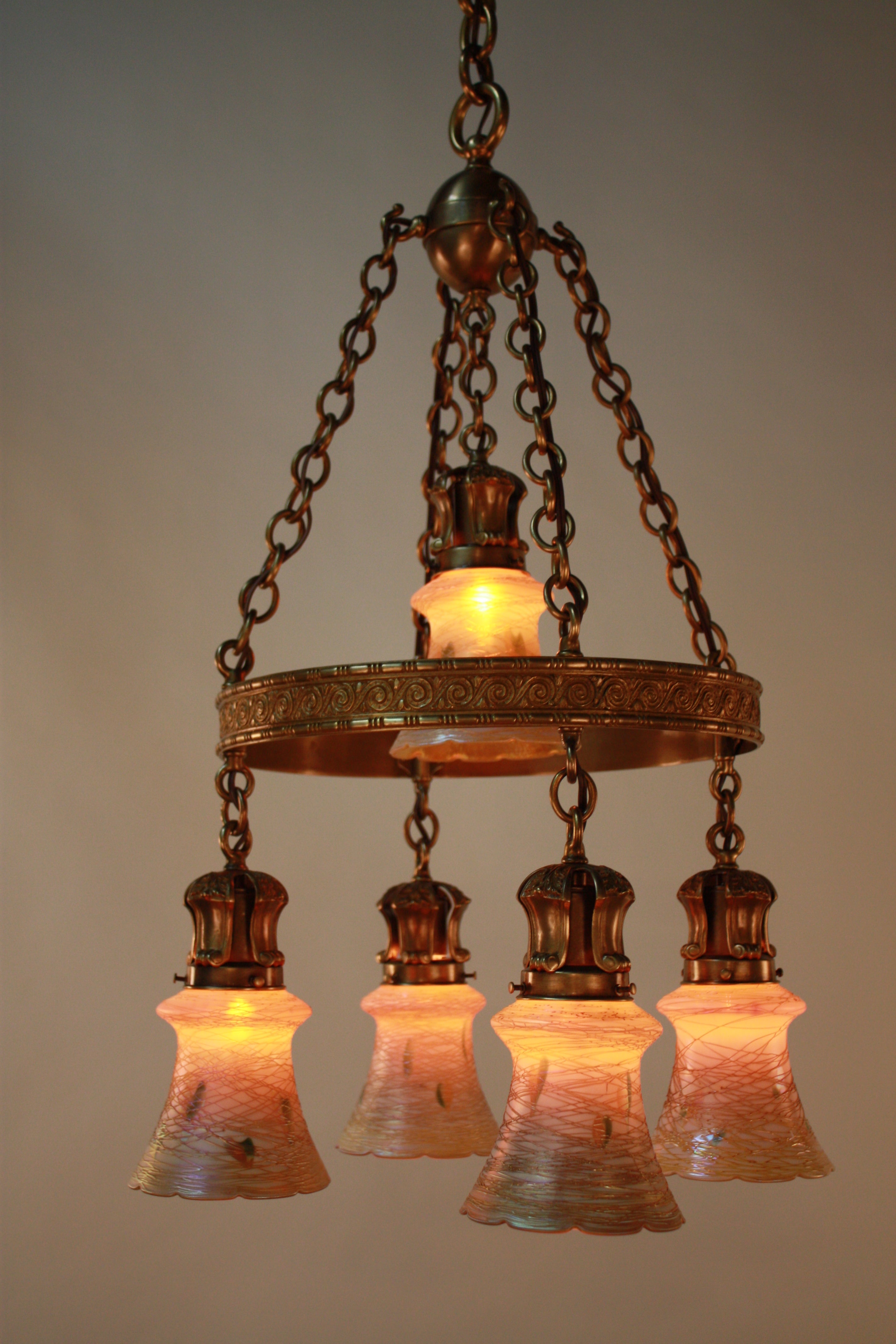 American Art Glass and Bronze Chandelier by Quezal