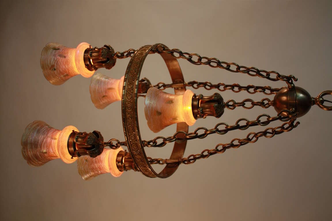 American Art Glass and Bronze Chandelier by Quezal 1