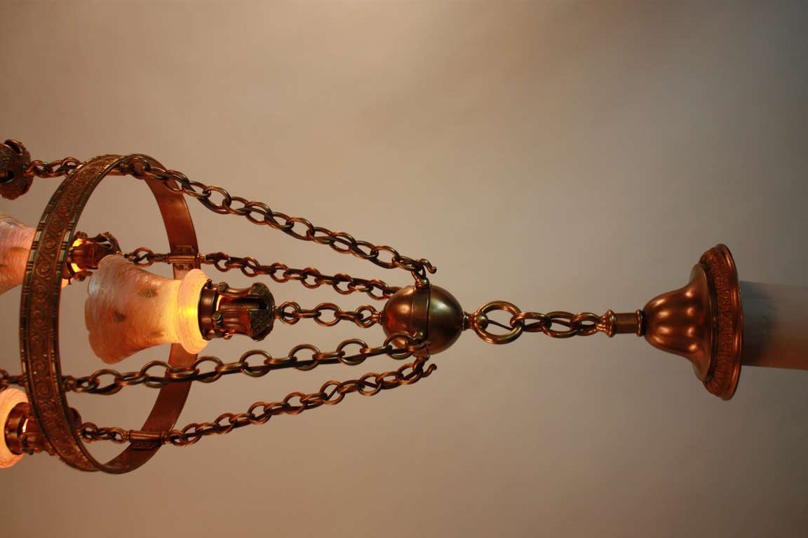 American Art Glass and Bronze Chandelier by Quezal 2