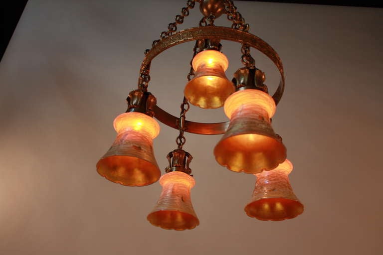 American Art Glass and Bronze Chandelier by Quezal 3