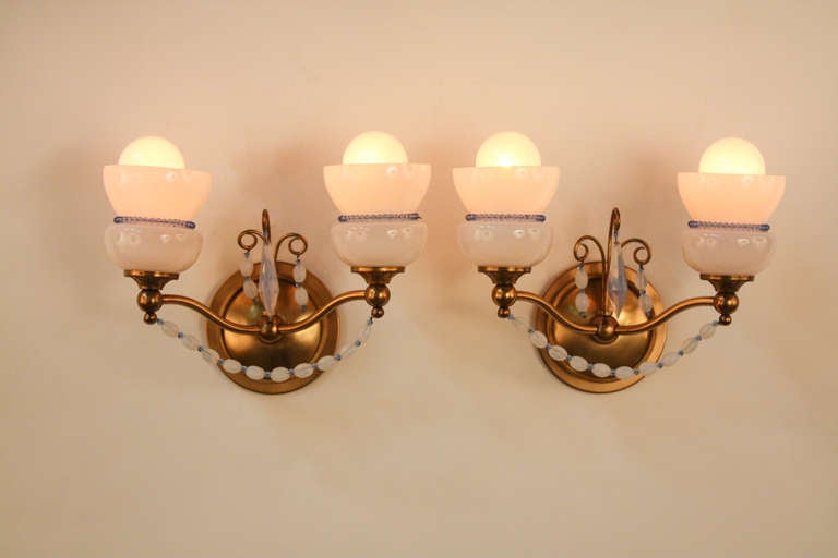 Pair of Mid-Century Opalescent Glass Wall Sconces