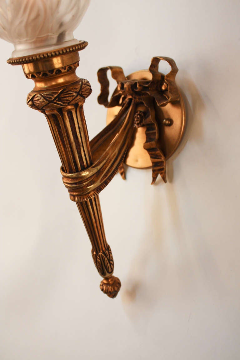 Bronze Pair of 1930's Torch Wall Sconces