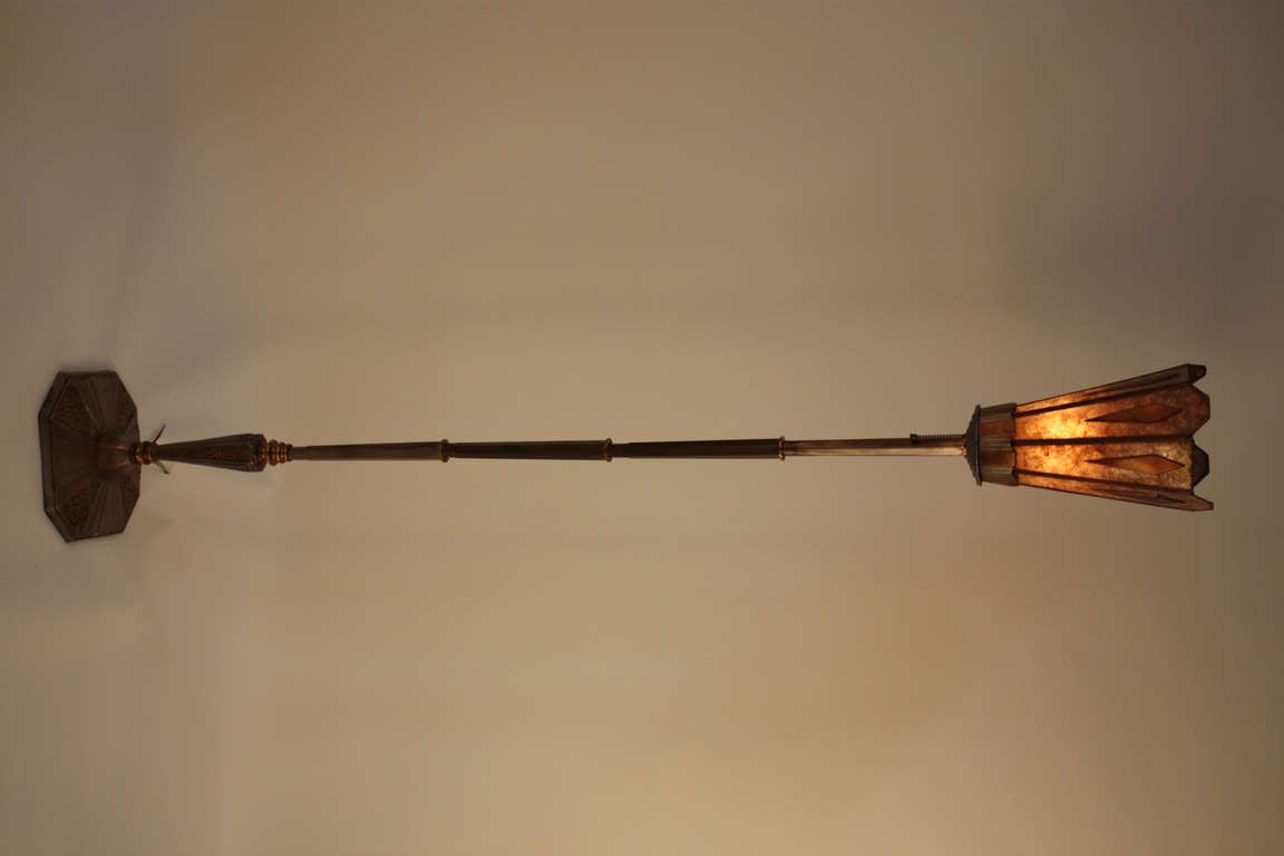 FANTASTIC AMERICAN TORCHIERE FLOOR LAMP WITH GOLD AND DARK PEWTER COLOR FINISH AS WELL AS  SIX PANEL MICA SHADE.