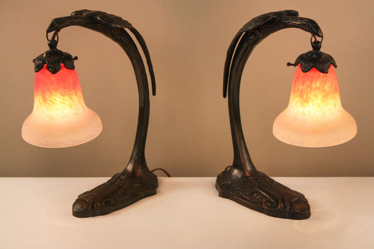 French Pair of Art Deco Phoenix Lamps with Schneider Art Glass