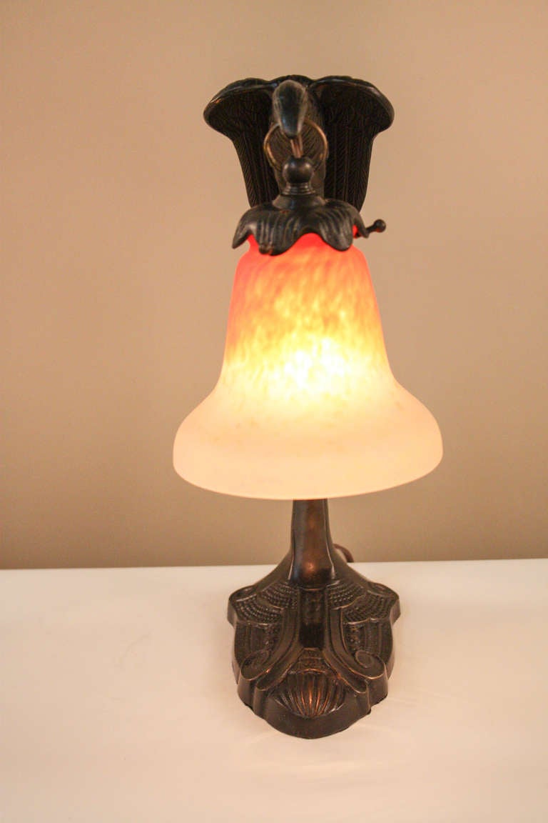 Mid-20th Century Pair of Art Deco Phoenix Lamps with Schneider Art Glass