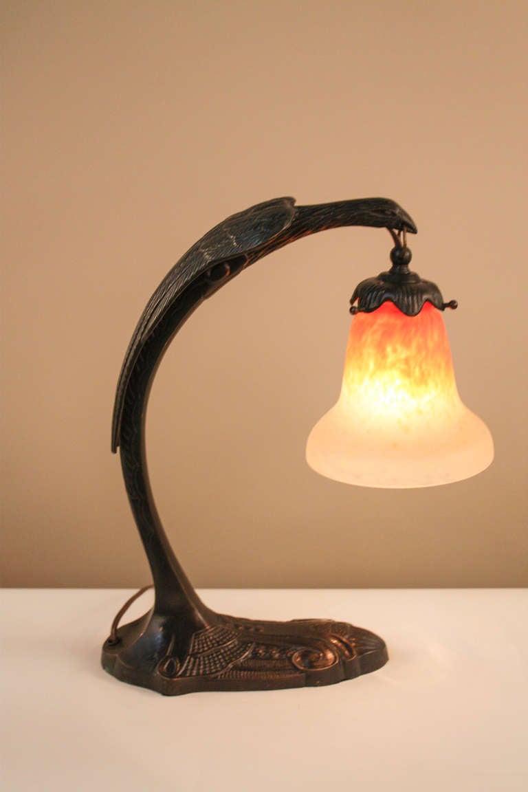 Pair of Art Deco Phoenix Lamps with Schneider Art Glass In Good Condition In Fairfax, VA
