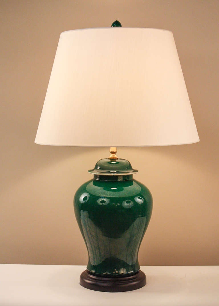A fantastic, custom made, emerald green Chinese porcelain table lamp.