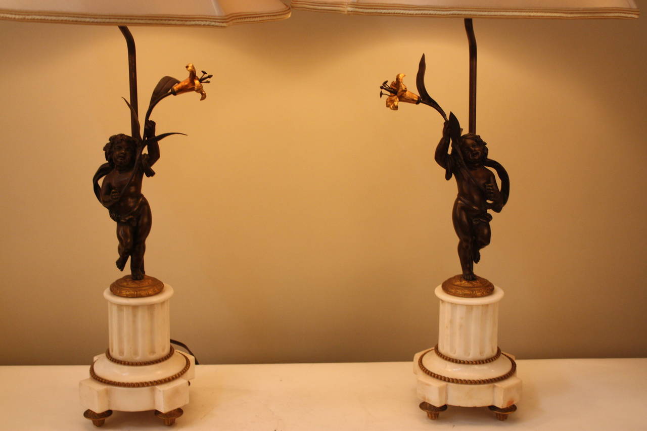 Pair of customized lamps made of 19th century bronze and marble candelabra base.