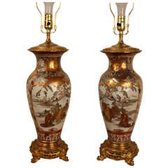 Antique 19th c. Pair of Satsuma Table Lamps
