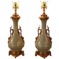 19th c. Pair of Celadon Lamps