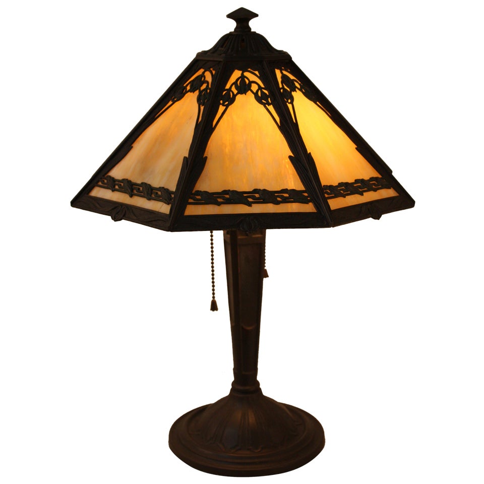American Stained Glass Table Lamp By Bradley & Hubbard