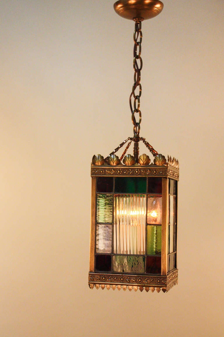 French Bronze and Stained Glass Lantern