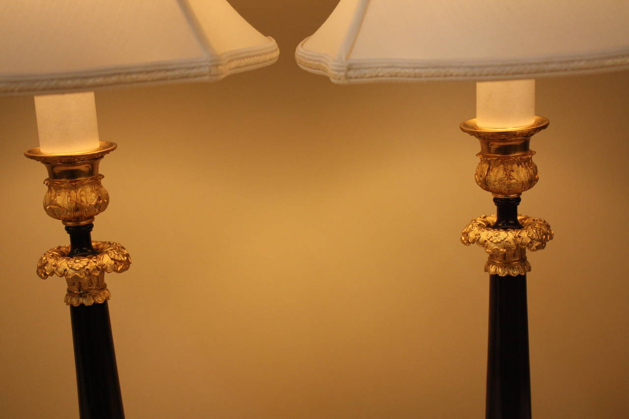 Empire Pair of Bronze Candlestick Lamps
