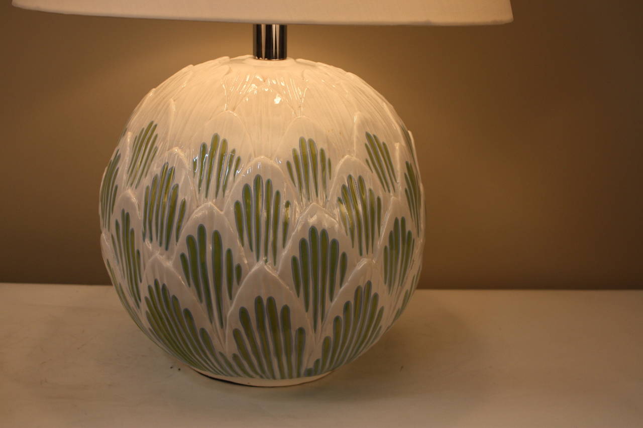 Very fine hand-painted 1970s ceramic lamp in shape of artichoke.
We do have second with lighter green.