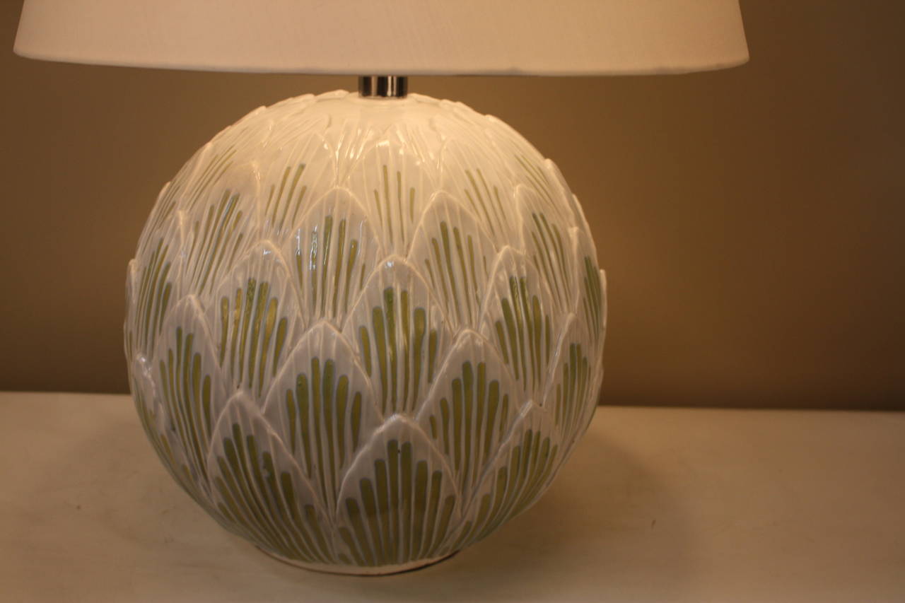 Very fine hand-painted 1970s ceramic lamp in shape of artichoke.
We do have second with darker green.