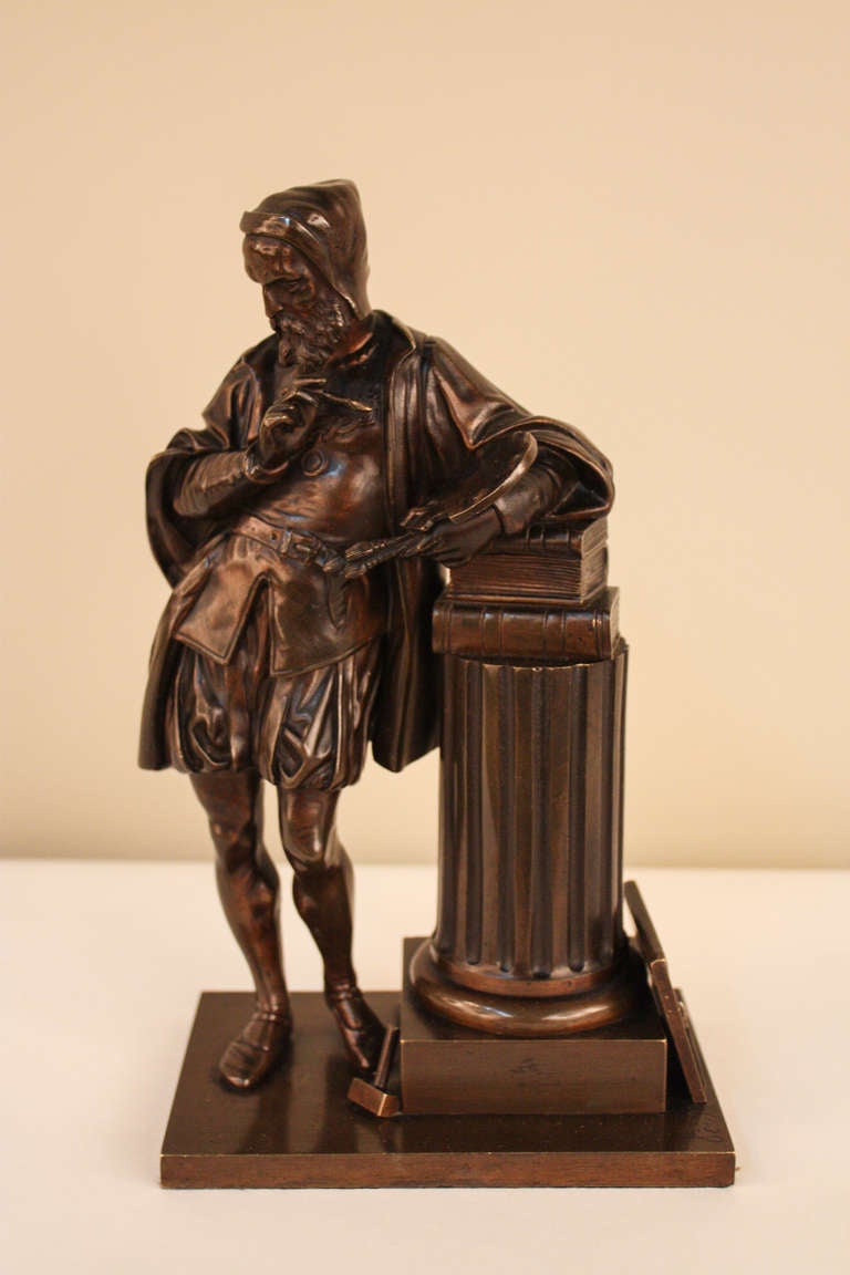 A beautifully detailed bronze of Leonardo da Vinci that symbolically depicts his talents of sculpture, painting, and scientific knowledge.

Signed by the artist, with the signature 