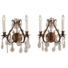 Pair of French Crystal and Bronze Wall Sconces