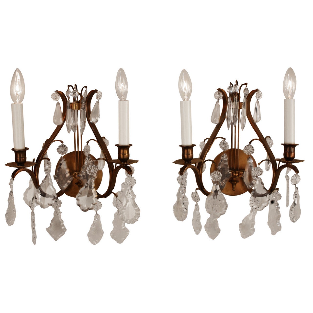 Pair of French Crystal and Bronze Wall Sconces