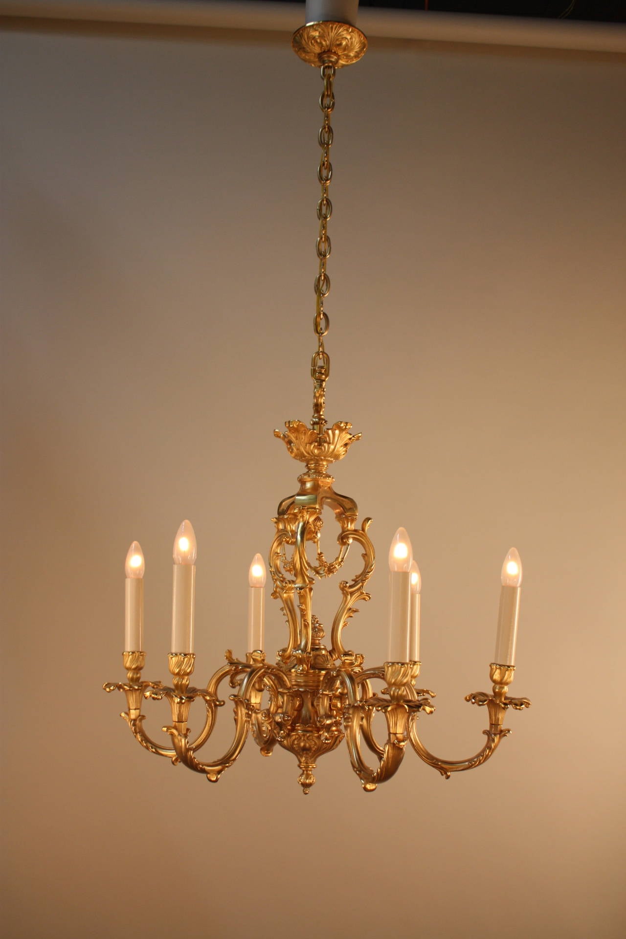 A fabulous 1950s Italian six-light doré bronze chandelier.