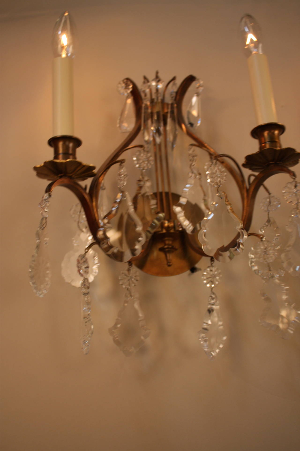 Pair of French Crystal and Bronze Wall Sconces 2