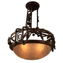 French Wrought Iron 
Art Glass Ceiling Light