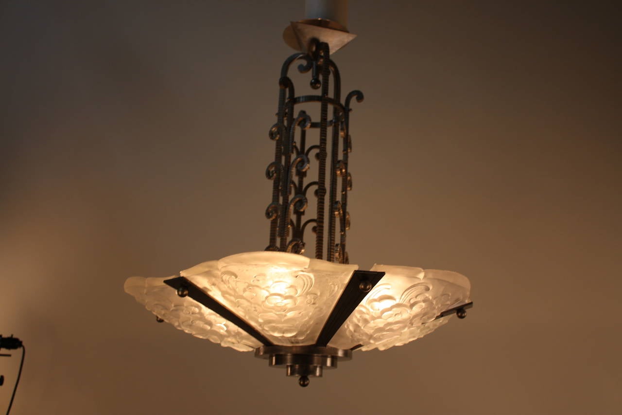 Fabulous six-light French Art Deco chandelier with fantastic soft brushed iron frame.