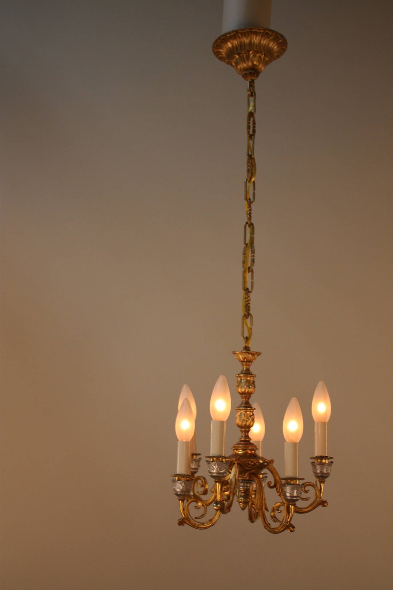 Pair of electrified six-light 19th century chandeliers in gold and silver over bronze.