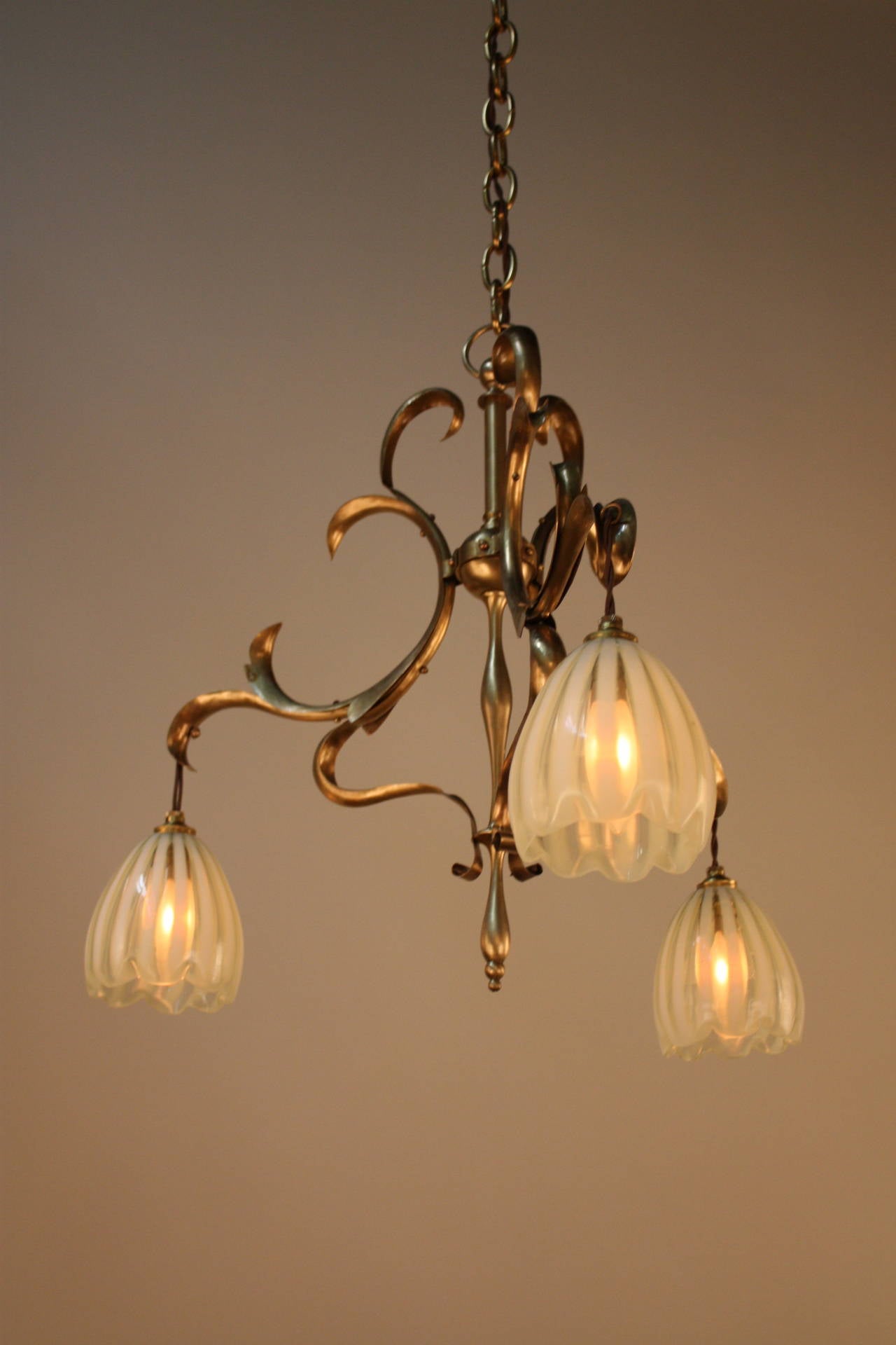 English Art Nouveau Brass with Opalescent Glass Chandelier 2