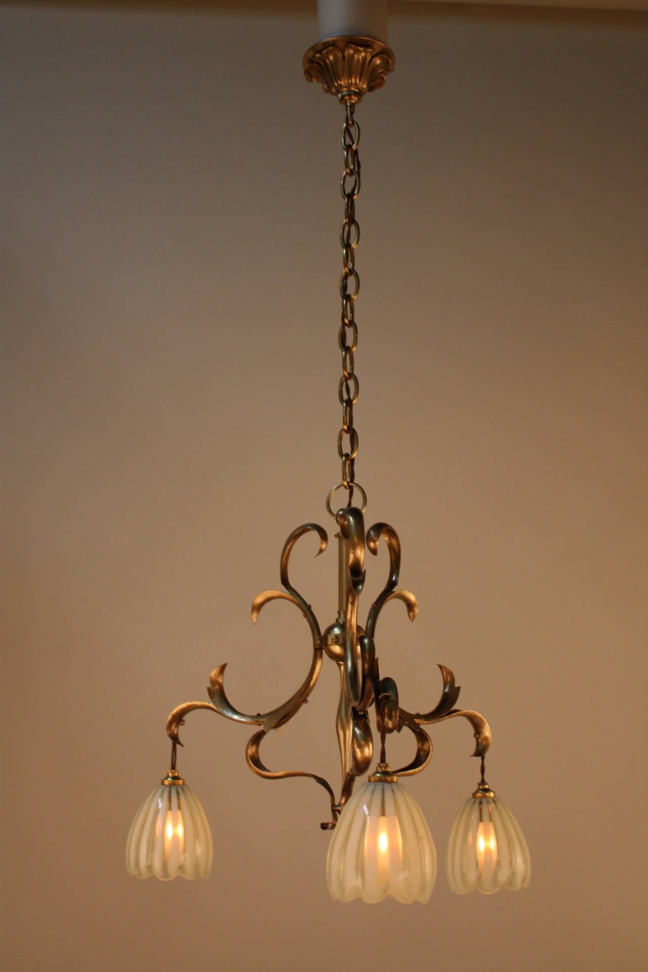 English Art Nouveau Brass with Opalescent Glass Chandelier 4