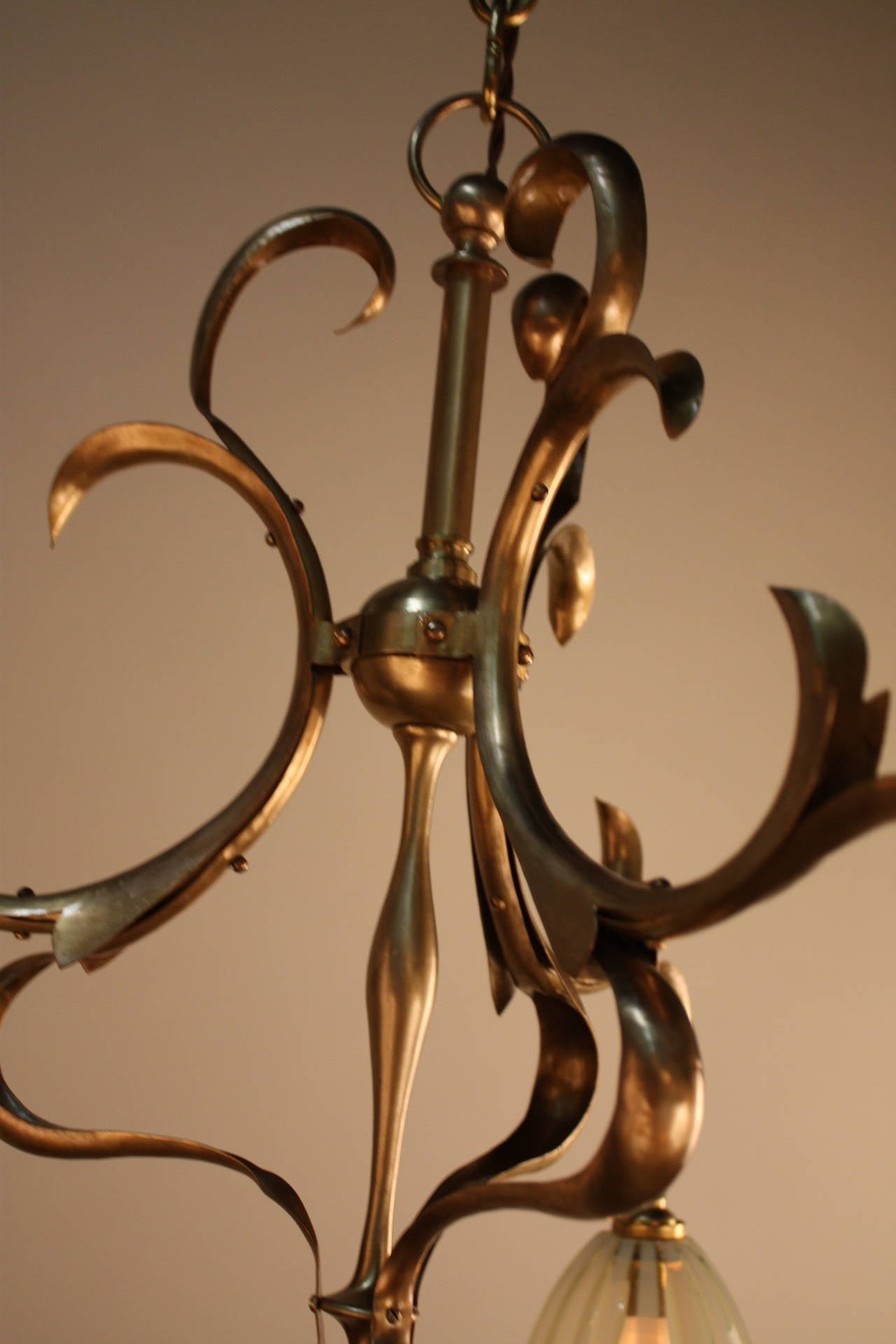 English Art Nouveau Brass with Opalescent Glass Chandelier 3