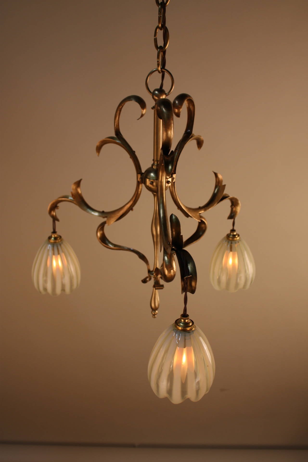 English Art Nouveau Brass with Opalescent Glass Chandelier 5