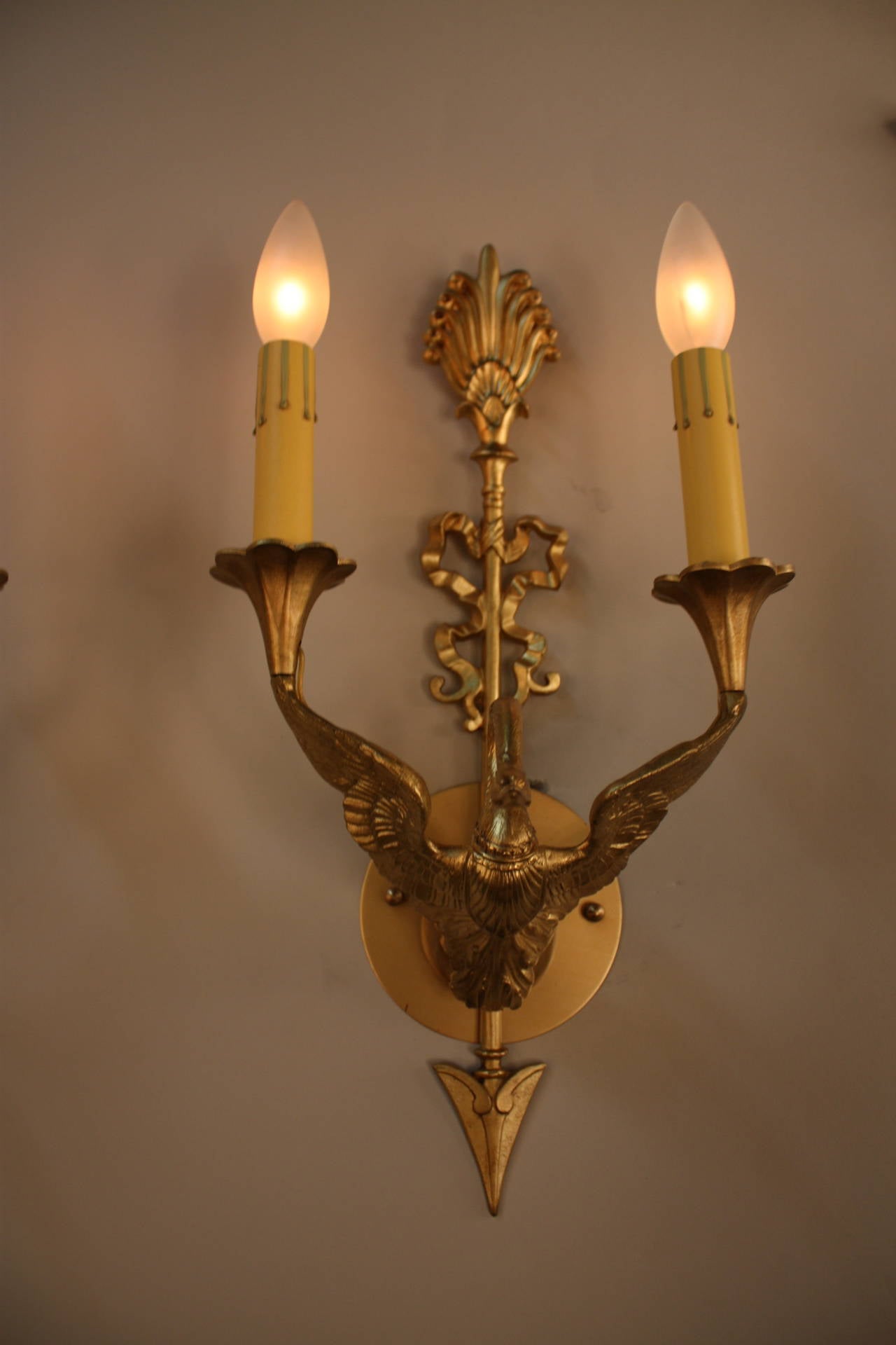 Pair of French Empire Style Bronze Swan Wall Sconces