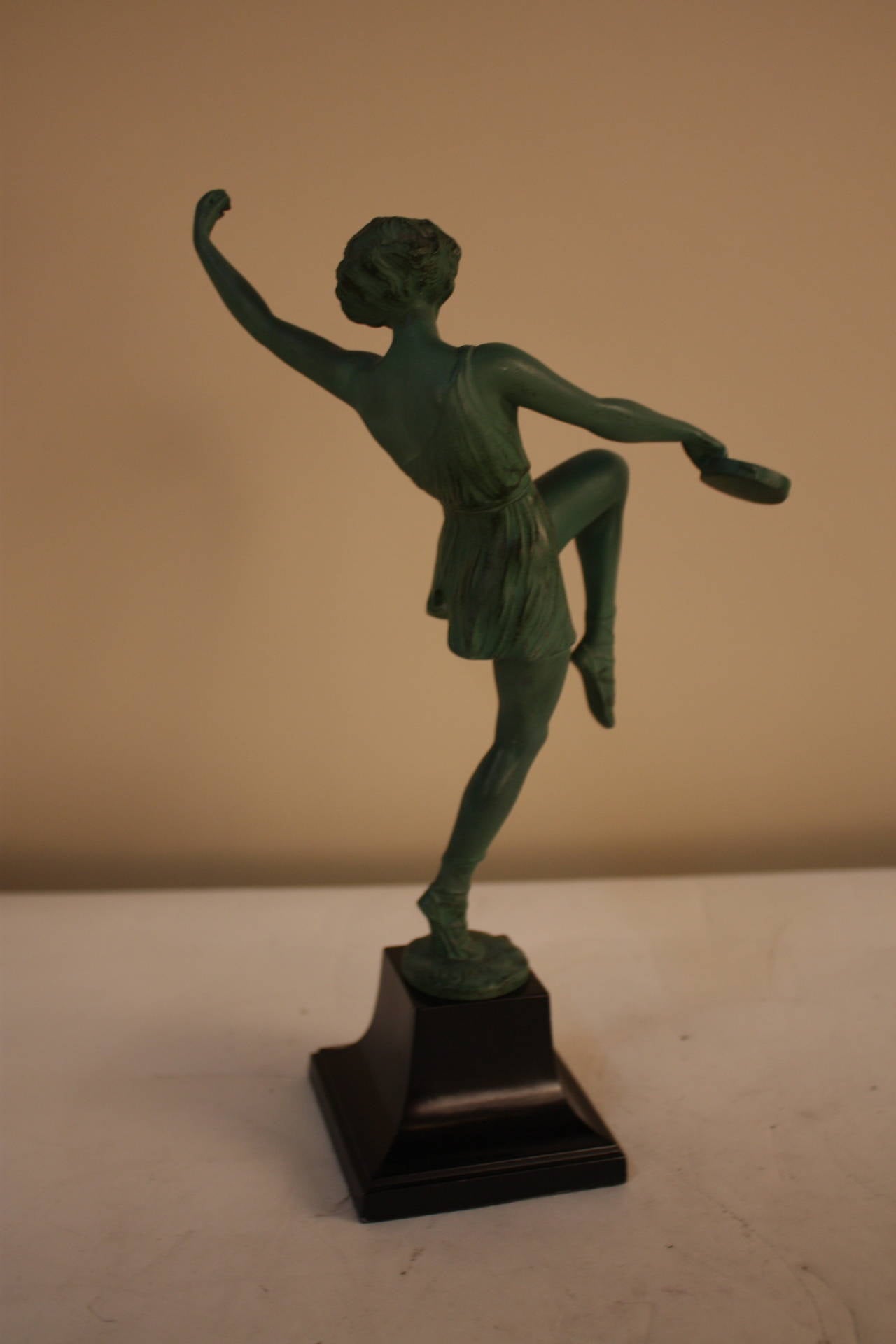 Painted Art Deco Tambourin Dancer Sculpture by Fayral 