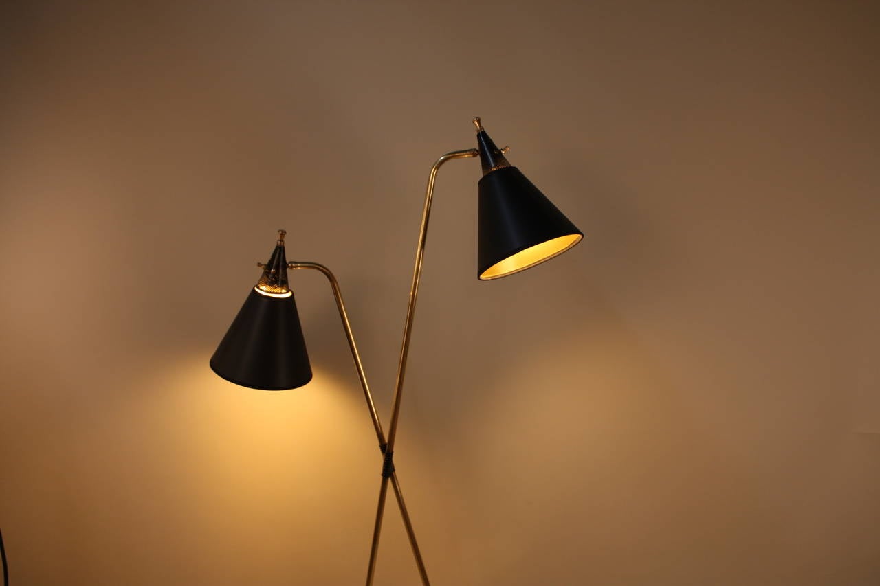 Elegant and unusual double light Mid-Century floor lamp in bronze and black lacquer.