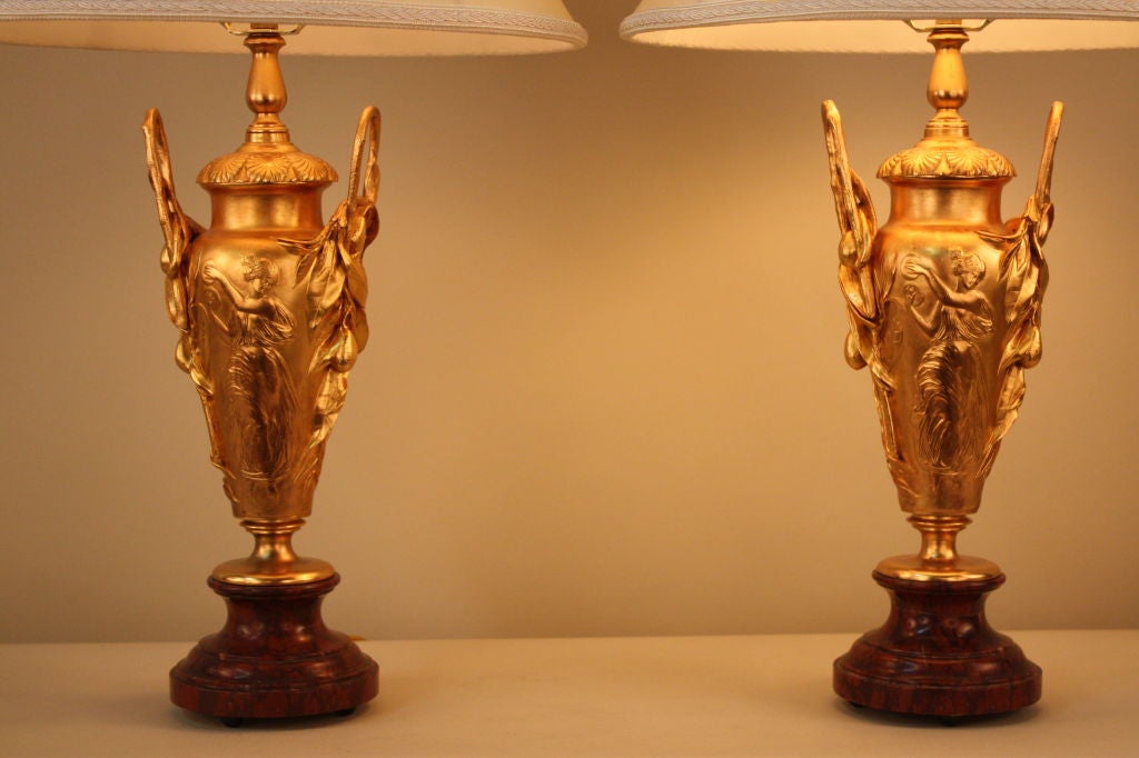 French Pair of 19th Century Gilt Bronze Table Lamps