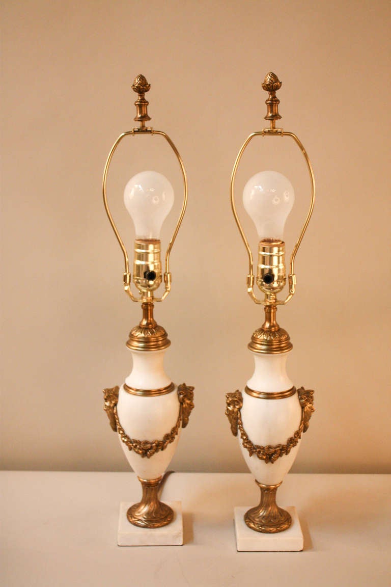 French Pair of 1930s Marble Table Lamps
