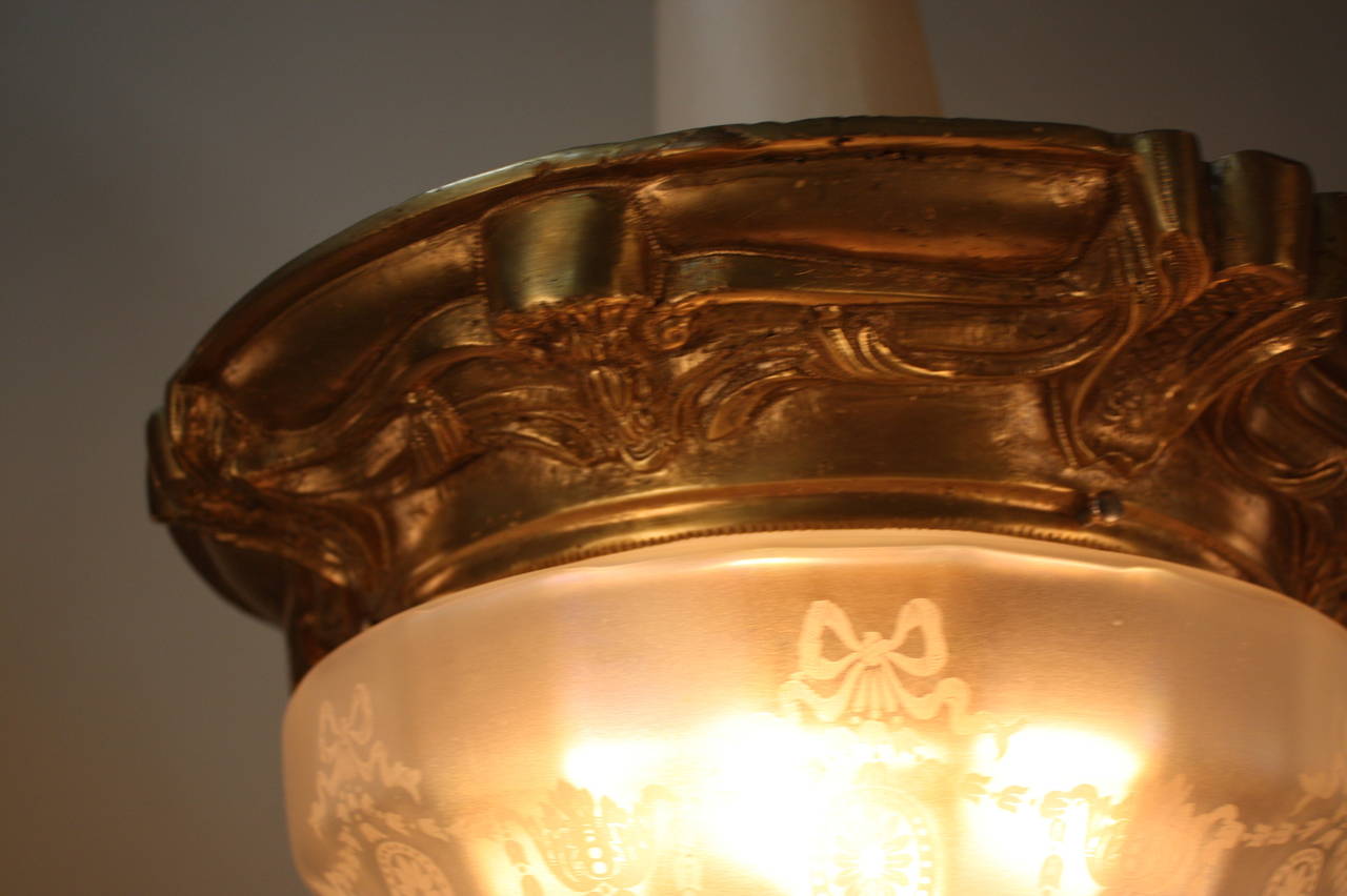 Fabulously designed, heavy cast bronze with artfully etched glass American flush mount chandelier.