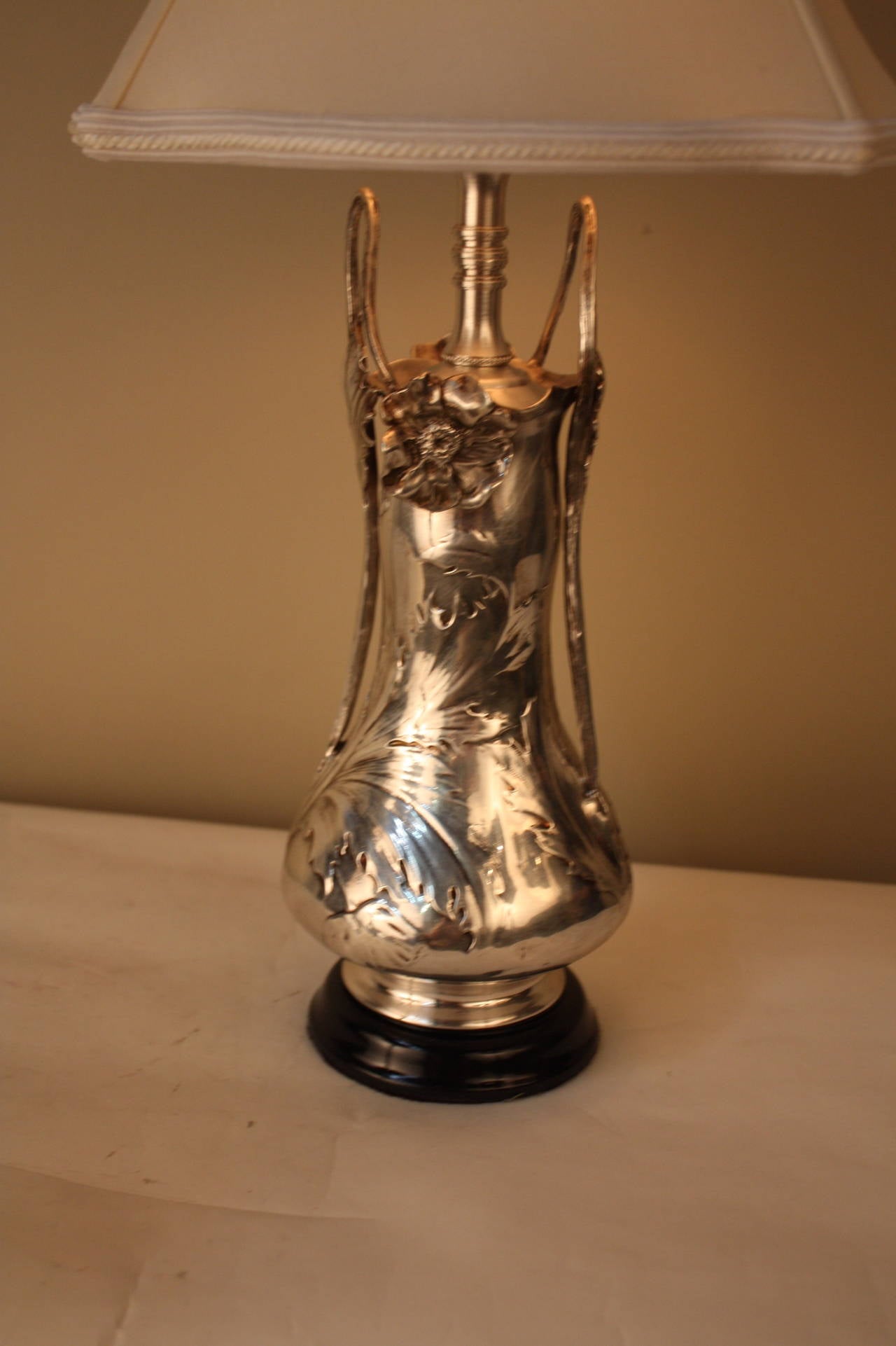 Fantastic custom-made French Art Nouveau table lamp which was made out of silver vase of 25 years anniversary gift June 1878 to June 1903.