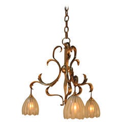 English Art Nouveau Brass with Opalescent Glass Chandelier