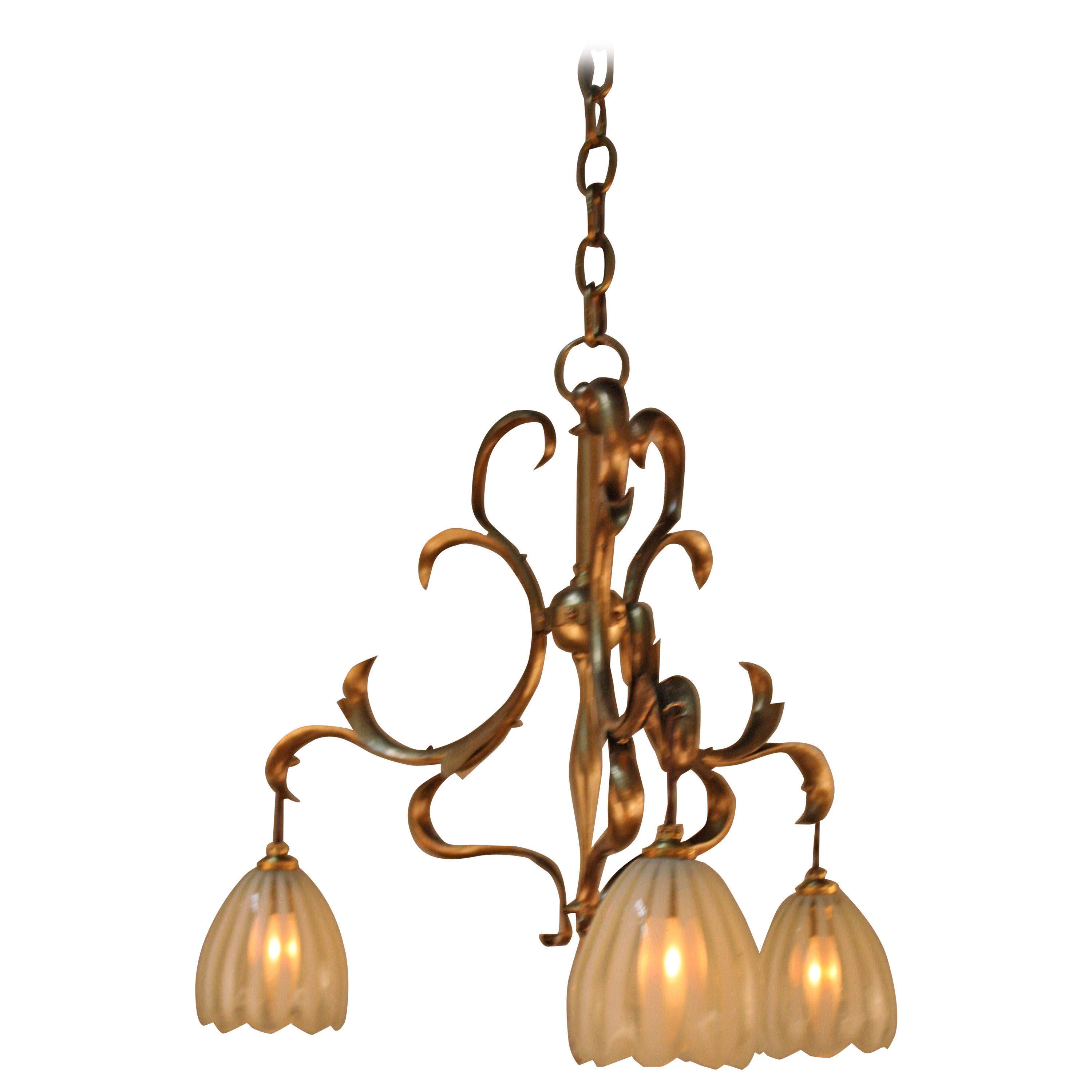 English Art Nouveau Brass with Opalescent Glass Chandelier