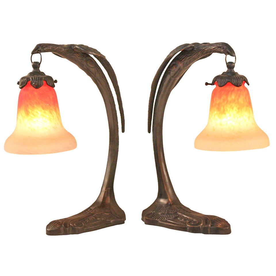 Pair of Art Deco Phoenix Lamps with Schneider Art Glass